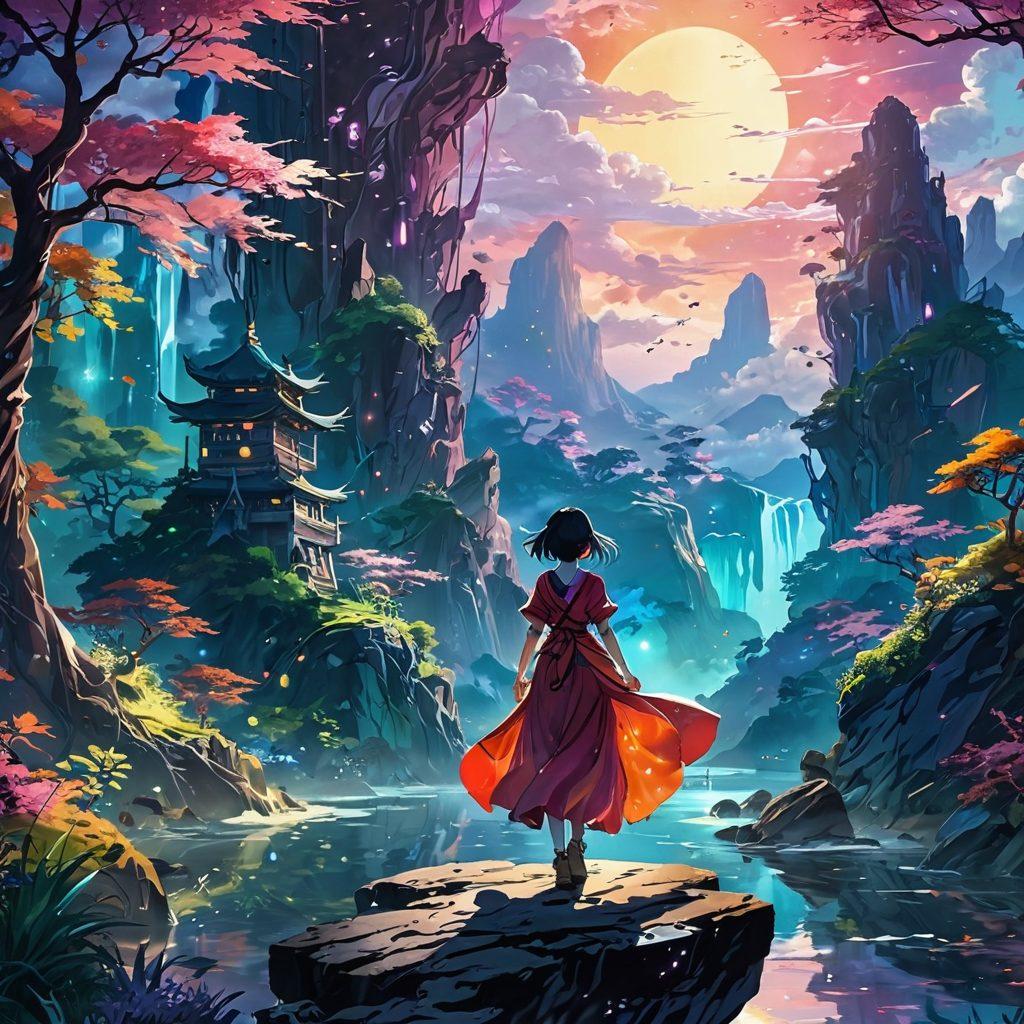 A dynamic, vibrant scene featuring iconic anime characters in a dazzling, fantastical landscape filled with ethereal elements and rich colors, showcasing their adventurous spirits and playful interactions. Include subtle hints of adult themes through stylized art elements, emphasizing elegance and allure without being explicit. The atmosphere should evoke a sense of liberation and creativity within the realm of anime. digital painting. vibrant colors. cinematic lighting.